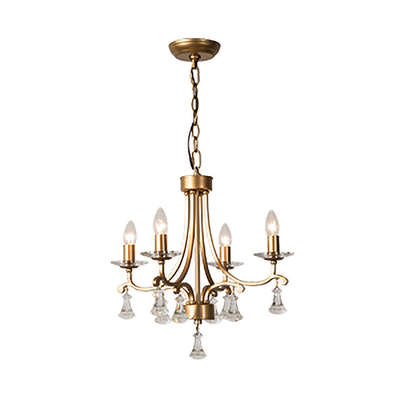 Brass Starburst Hanging Chandelier Modernism 4 Bulbs Metal Ceiling Pendant Light with Clear Crystal Drop Clearhalo 'Ceiling Lights' 'Chandeliers' 'Modern Chandeliers' 'Modern' Lighting' 332979