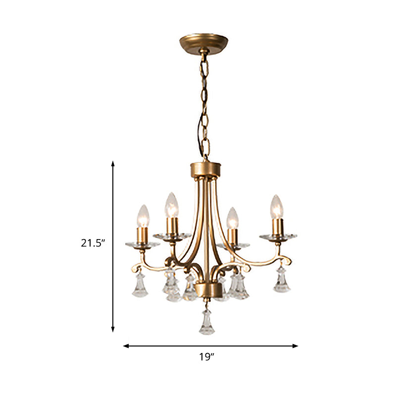 Brass Starburst Hanging Chandelier Modernism 4 Bulbs Metal Ceiling Pendant Light with Clear Crystal Drop Clearhalo 'Ceiling Lights' 'Chandeliers' 'Modern Chandeliers' 'Modern' Lighting' 332980