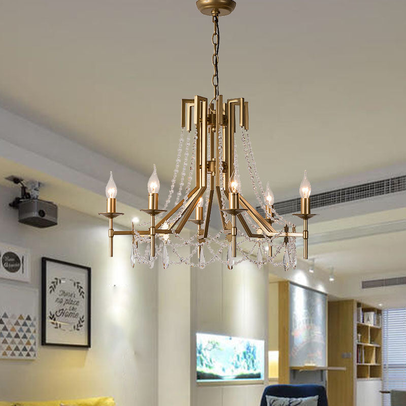 Crystal Beaded Chandelier Lamp Modernist 6 Heads Hanging Light Fixture in Brass with Metal Arm Brass Clearhalo 'Ceiling Lights' 'Chandeliers' 'Modern Chandeliers' 'Modern' Lighting' 332982