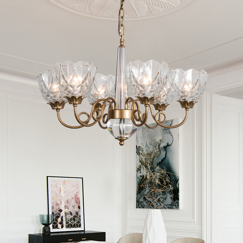 Brass Bowl Pendant Chandelier Contemporary 6 Heads Clear Glass Ceiling Hanging Light with Curved Metal Arm Clearhalo 'Ceiling Lights' 'Chandeliers' 'Modern Chandeliers' 'Modern' Lighting' 333005