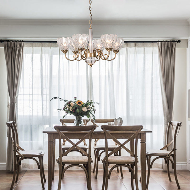 Brass Bowl Pendant Chandelier Contemporary 6 Heads Clear Glass Ceiling Hanging Light with Curved Metal Arm Clearhalo 'Ceiling Lights' 'Chandeliers' 'Modern Chandeliers' 'Modern' Lighting' 333006