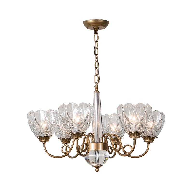 Brass Bowl Pendant Chandelier Contemporary 6 Heads Clear Glass Ceiling Hanging Light with Curved Metal Arm Clearhalo 'Ceiling Lights' 'Chandeliers' 'Modern Chandeliers' 'Modern' Lighting' 333007