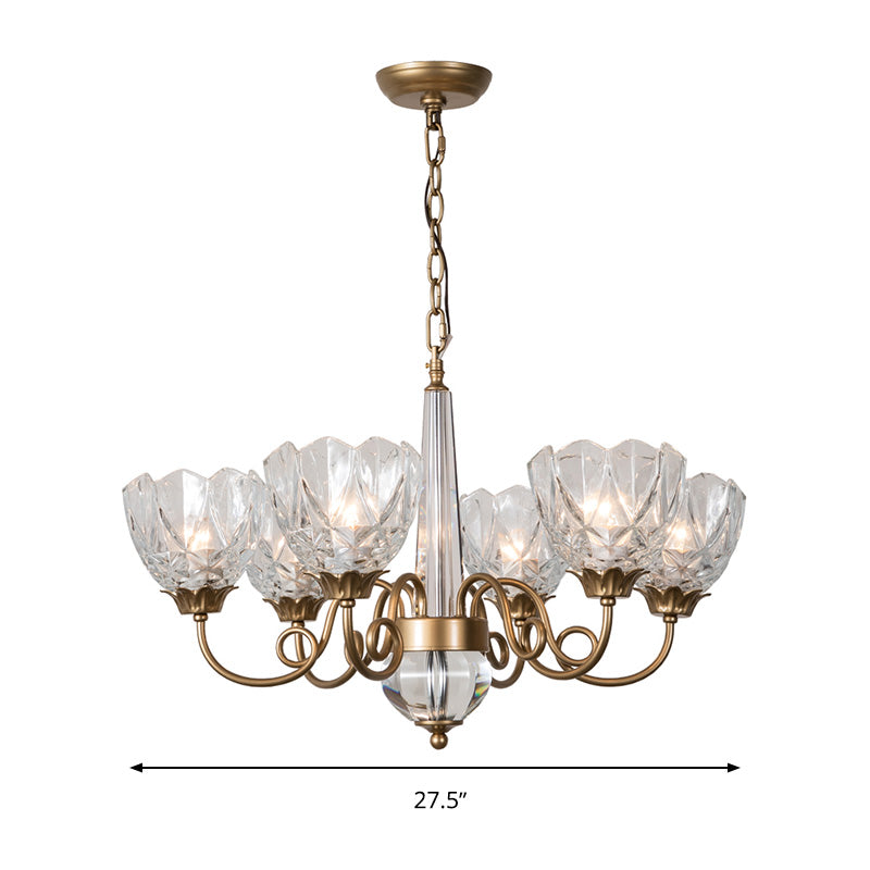 Brass Bowl Pendant Chandelier Contemporary 6 Heads Clear Glass Ceiling Hanging Light with Curved Metal Arm Clearhalo 'Ceiling Lights' 'Chandeliers' 'Modern Chandeliers' 'Modern' Lighting' 333008