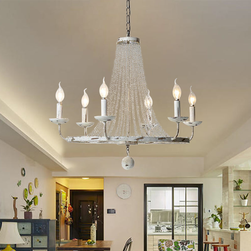 6 Bulbs Beaded Ceiling Chandelier Traditional Crystal Hanging Light Fixture in Distressed White Clearhalo 'Ceiling Lights' 'Chandeliers' Lighting' options 333060