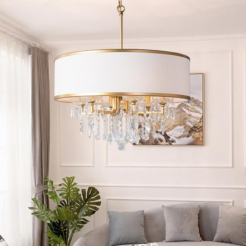 Drum Ceiling Chandelier Modernism Fabric 6 Bulbs Brass Hanging Pendant Light with Crystal Droplet Brass Clearhalo 'Ceiling Lights' 'Chandeliers' 'Modern Chandeliers' 'Modern' Lighting' 333077