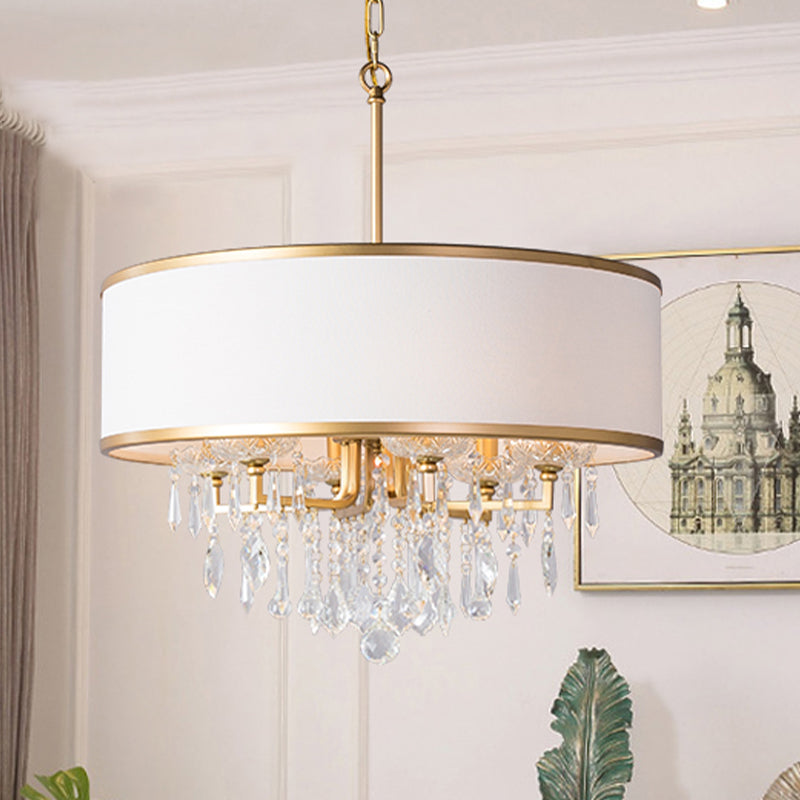 Drum Ceiling Chandelier Modernism Fabric 6 Bulbs Brass Hanging Pendant Light with Crystal Droplet Clearhalo 'Ceiling Lights' 'Chandeliers' 'Modern Chandeliers' 'Modern' Lighting' 333078