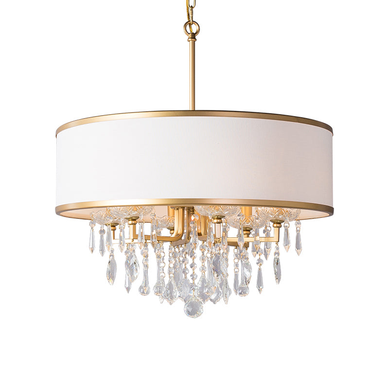 Drum Ceiling Chandelier Modernism Fabric 6 Bulbs Brass Hanging Pendant Light with Crystal Droplet Clearhalo 'Ceiling Lights' 'Chandeliers' 'Modern Chandeliers' 'Modern' Lighting' 333080