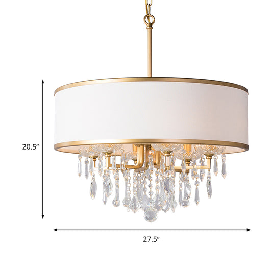 Drum Ceiling Chandelier Modernism Fabric 6 Bulbs Brass Hanging Pendant Light with Crystal Droplet Clearhalo 'Ceiling Lights' 'Chandeliers' 'Modern Chandeliers' 'Modern' Lighting' 333081