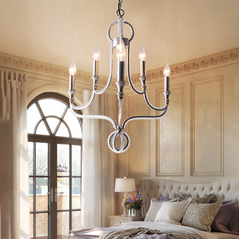 Crystal Beaded Chandelier Light Traditional 6 Heads Aged Silver Suspended Lighting Fixture Clearhalo 'Ceiling Lights' 'Chandeliers' Lighting' options 333085