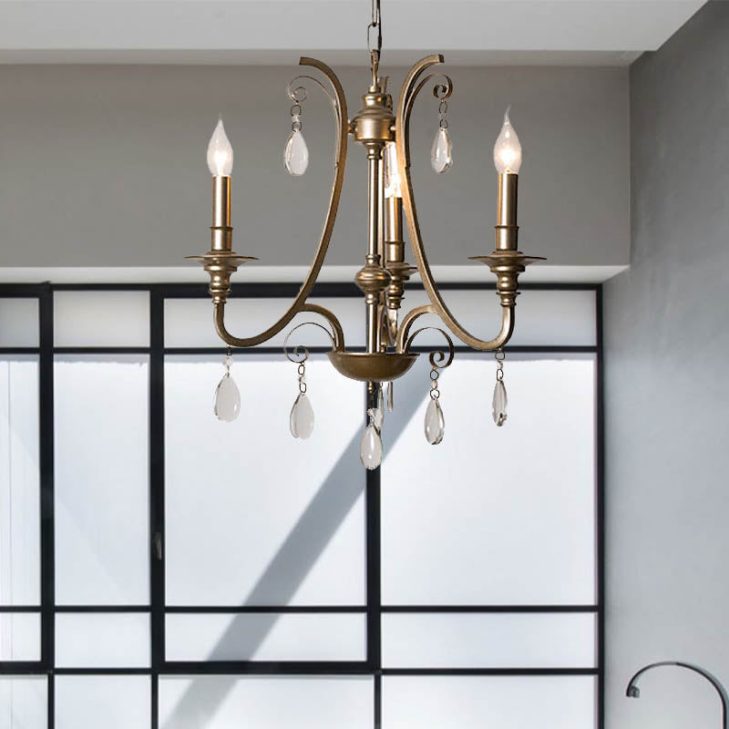 Modernism Teardrop Hanging Chandelier Crystal 3 Bulbs Pendant Light Kit in Brass with/without Shade Brass Shadeless Clearhalo 'Ceiling Lights' 'Chandeliers' 'Modern Chandeliers' 'Modern' Lighting' 333099