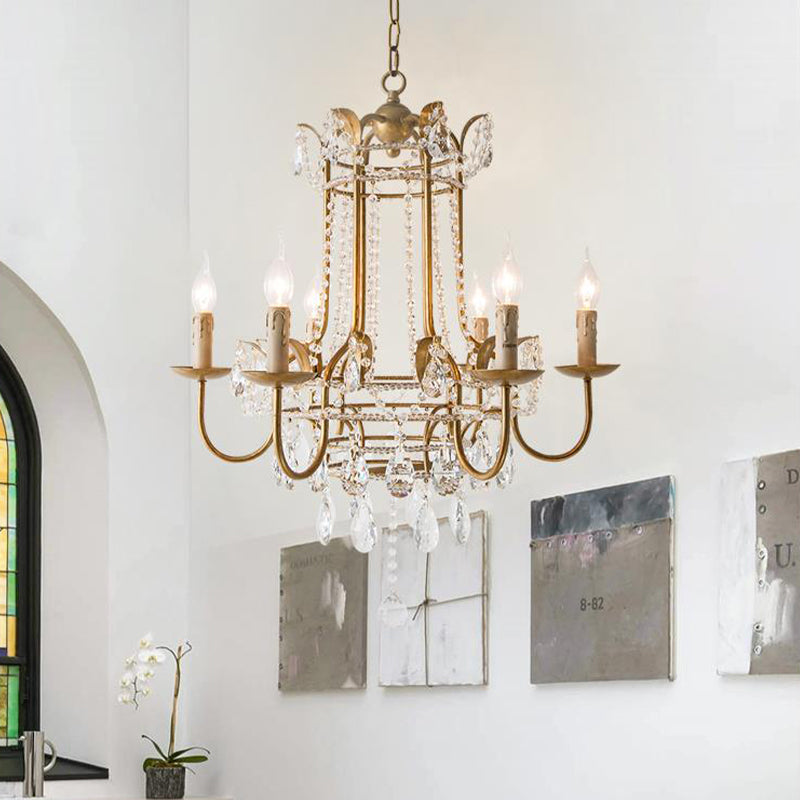 Curved Arm Metal Chandelier Lamp Traditionary 6 Heads Brass Hanging Pendant Light with Clear Crystal Drop Clearhalo 'Ceiling Lights' 'Chandeliers' Lighting' options 333110