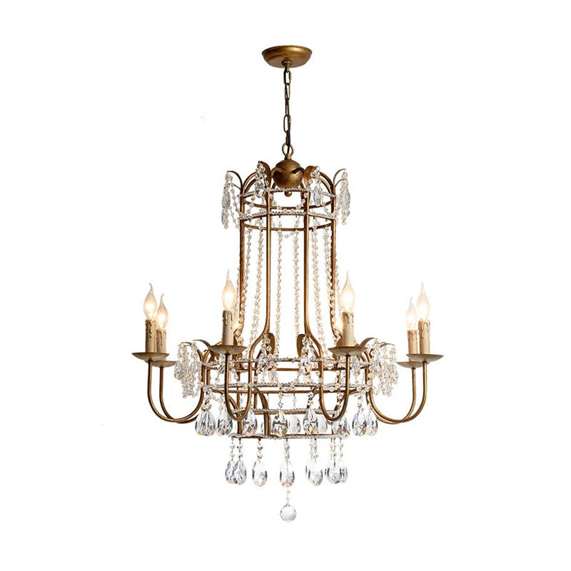 Curved Arm Metal Chandelier Lamp Traditionary 6 Heads Brass Hanging Pendant Light with Clear Crystal Drop Clearhalo 'Ceiling Lights' 'Chandeliers' Lighting' options 333113