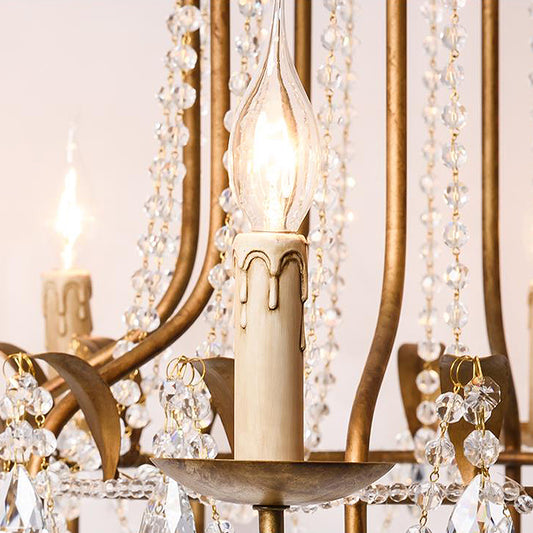 Curved Arm Metal Chandelier Lamp Traditionary 6 Heads Brass Hanging Pendant Light with Clear Crystal Drop Clearhalo 'Ceiling Lights' 'Chandeliers' Lighting' options 333115