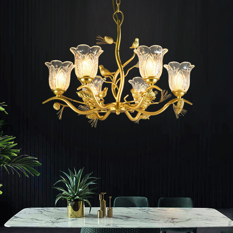 Petal Dining Room Ceiling Lamp Clear Textured Glass 6/8 Bulbs Retro Stylish Chandelier Light Fixture in Gold Finish 6 Gold Clearhalo 'Ceiling Lights' 'Chandeliers' 'Close To Ceiling Lights' 'Glass shade' 'Glass' 'Pendant Lights' Lighting' 333148