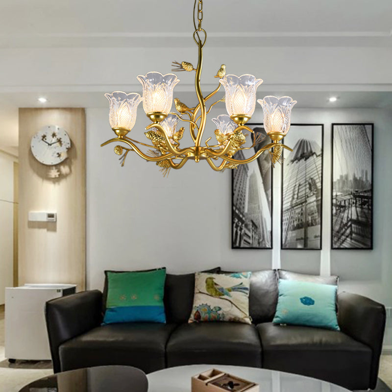 Petal Dining Room Ceiling Lamp Clear Textured Glass 6/8 Bulbs Retro Stylish Chandelier Light Fixture in Gold Finish Clearhalo 'Ceiling Lights' 'Chandeliers' 'Close To Ceiling Lights' 'Glass shade' 'Glass' 'Pendant Lights' Lighting' 333150