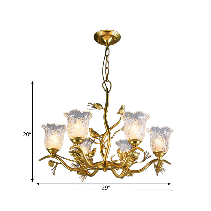 Petal Dining Room Ceiling Lamp Clear Textured Glass 6/8 Bulbs Retro Stylish Chandelier Light Fixture in Gold Finish Clearhalo 'Ceiling Lights' 'Chandeliers' 'Close To Ceiling Lights' 'Glass shade' 'Glass' 'Pendant Lights' Lighting' 333152