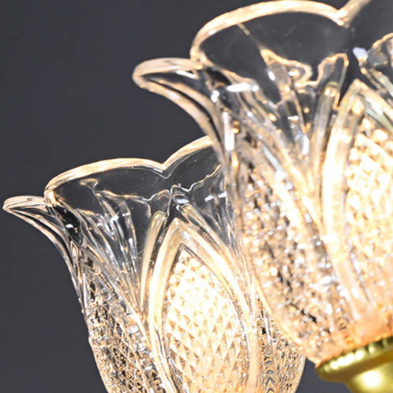 Petal Dining Room Ceiling Lamp Clear Textured Glass 6/8 Bulbs Retro Stylish Chandelier Light Fixture in Gold Finish Clearhalo 'Ceiling Lights' 'Chandeliers' 'Close To Ceiling Lights' 'Glass shade' 'Glass' 'Pendant Lights' Lighting' 333153