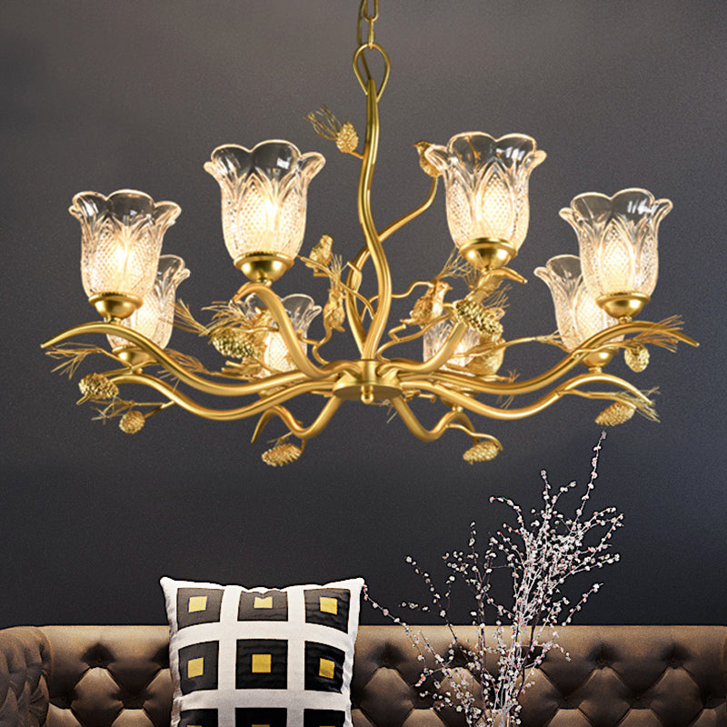 Petal Dining Room Ceiling Lamp Clear Textured Glass 6/8 Bulbs Retro Stylish Chandelier Light Fixture in Gold Finish 8 Gold Clearhalo 'Ceiling Lights' 'Chandeliers' 'Close To Ceiling Lights' 'Glass shade' 'Glass' 'Pendant Lights' Lighting' 333154