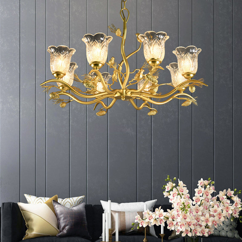 Petal Dining Room Ceiling Lamp Clear Textured Glass 6/8 Bulbs Retro Stylish Chandelier Light Fixture in Gold Finish Clearhalo 'Ceiling Lights' 'Chandeliers' 'Close To Ceiling Lights' 'Glass shade' 'Glass' 'Pendant Lights' Lighting' 333155