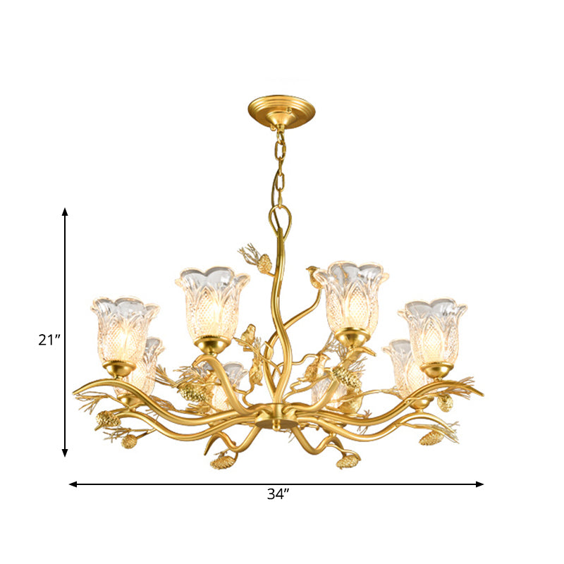 Petal Dining Room Ceiling Lamp Clear Textured Glass 6/8 Bulbs Retro Stylish Chandelier Light Fixture in Gold Finish Clearhalo 'Ceiling Lights' 'Chandeliers' 'Close To Ceiling Lights' 'Glass shade' 'Glass' 'Pendant Lights' Lighting' 333157