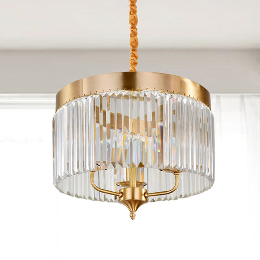 Contemporary Drum Pendant Chandelier Faceted Crystal 3 Bulbs Ceiling Hanging Light in Brass Brass Clearhalo 'Ceiling Lights' 'Chandeliers' 'Modern Chandeliers' 'Modern' Lighting' 333163