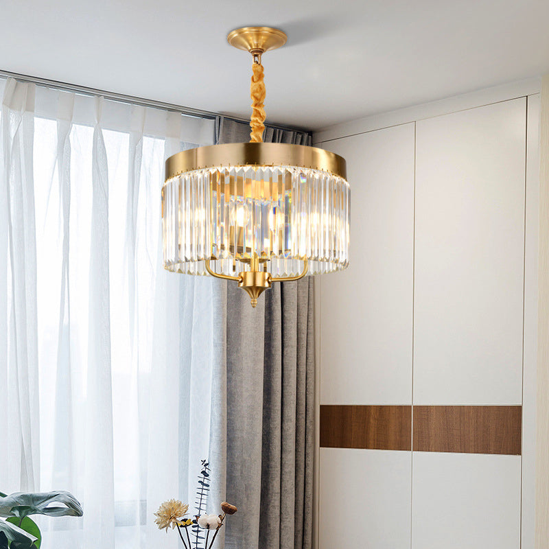 Contemporary Drum Pendant Chandelier Faceted Crystal 3 Bulbs Ceiling Hanging Light in Brass Clearhalo 'Ceiling Lights' 'Chandeliers' 'Modern Chandeliers' 'Modern' Lighting' 333165