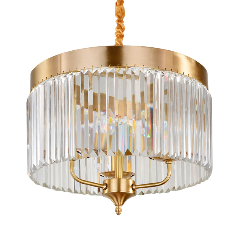 Contemporary Drum Pendant Chandelier Faceted Crystal 3 Bulbs Ceiling Hanging Light in Brass Clearhalo 'Ceiling Lights' 'Chandeliers' 'Modern Chandeliers' 'Modern' Lighting' 333166