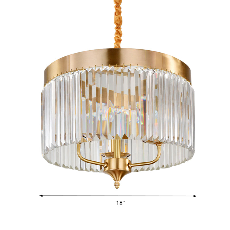 Contemporary Drum Pendant Chandelier Faceted Crystal 3 Bulbs Ceiling Hanging Light in Brass Clearhalo 'Ceiling Lights' 'Chandeliers' 'Modern Chandeliers' 'Modern' Lighting' 333167