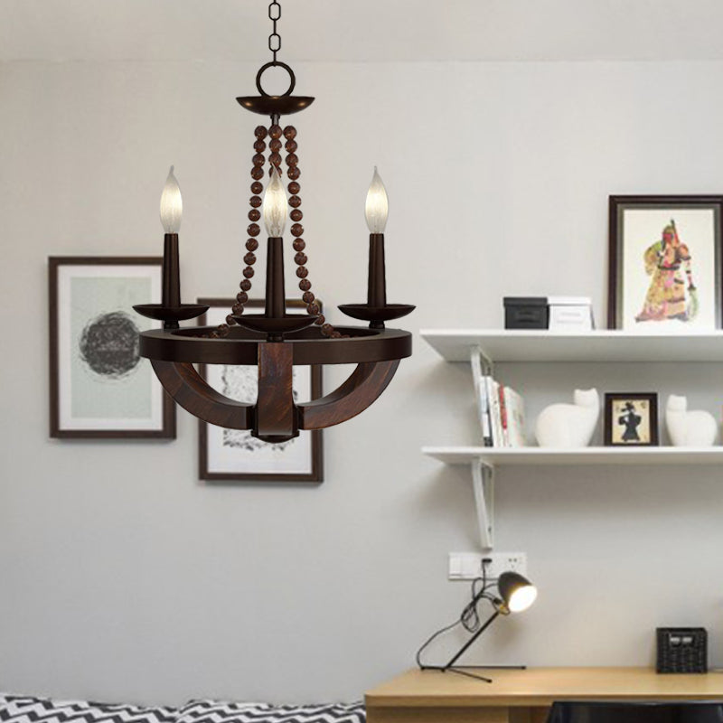 Brown Open Bulb Empire Chandelier Light Traditional Style 3 Heads Wood Hanging Light Fixture with Bead Deco Dark Wood Clearhalo 'Ceiling Lights' 'Chandeliers' Lighting' options 333169_879a7f0a-c371-4078-a1f1-815d06177cfc