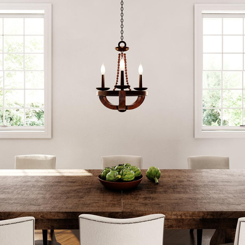 Brown Open Bulb Empire Chandelier Light Traditional Style 3 Heads Wood Hanging Light Fixture with Bead Deco Clearhalo 'Ceiling Lights' 'Chandeliers' Lighting' options 333171