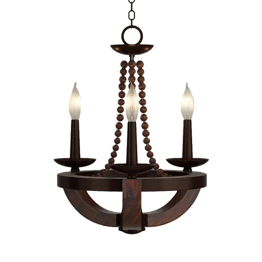 Brown Open Bulb Empire Chandelier Light Traditional Style 3 Heads Wood Hanging Light Fixture with Bead Deco Clearhalo 'Ceiling Lights' 'Chandeliers' Lighting' options 333172