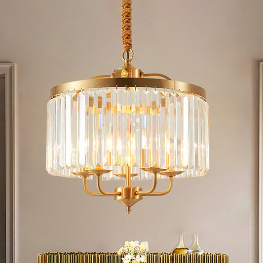 Crystal Cylinder Chandelier Lighting Modernist 4 Heads Hanging Pendant Light in Brass with Curved Metal Arm Brass Clearhalo 'Ceiling Lights' 'Chandeliers' 'Modern Chandeliers' 'Modern' Lighting' 333174