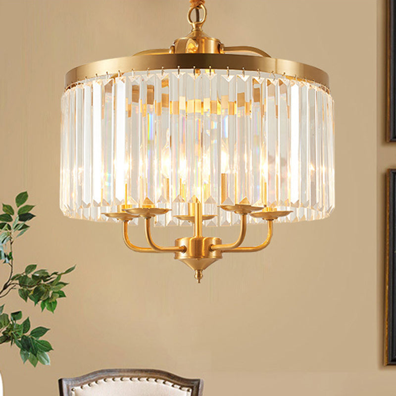 Crystal Cylinder Chandelier Lighting Modernist 4 Heads Hanging Pendant Light in Brass with Curved Metal Arm Clearhalo 'Ceiling Lights' 'Chandeliers' 'Modern Chandeliers' 'Modern' Lighting' 333175