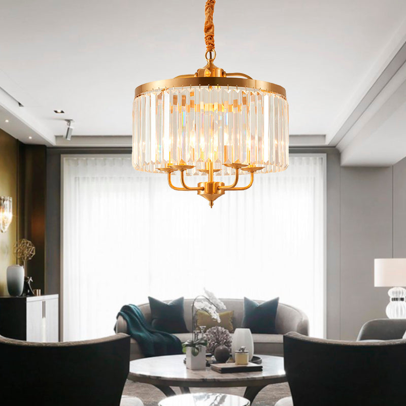 Crystal Cylinder Chandelier Lighting Modernist 4 Heads Hanging Pendant Light in Brass with Curved Metal Arm Clearhalo 'Ceiling Lights' 'Chandeliers' 'Modern Chandeliers' 'Modern' Lighting' 333176