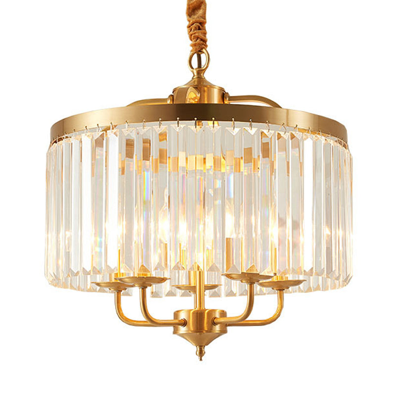 Crystal Cylinder Chandelier Lighting Modernist 4 Heads Hanging Pendant Light in Brass with Curved Metal Arm Clearhalo 'Ceiling Lights' 'Chandeliers' 'Modern Chandeliers' 'Modern' Lighting' 333177