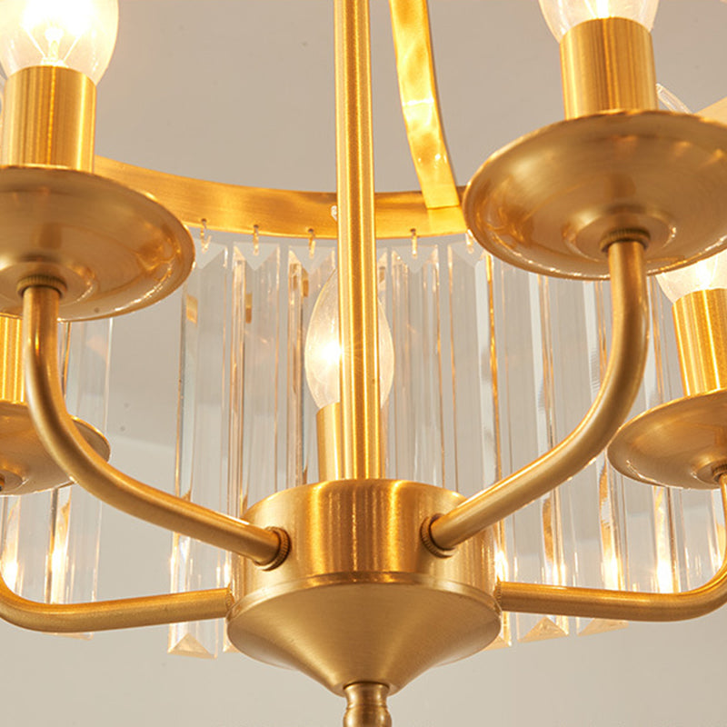 Crystal Cylinder Chandelier Lighting Modernist 4 Heads Hanging Pendant Light in Brass with Curved Metal Arm Clearhalo 'Ceiling Lights' 'Chandeliers' 'Modern Chandeliers' 'Modern' Lighting' 333179