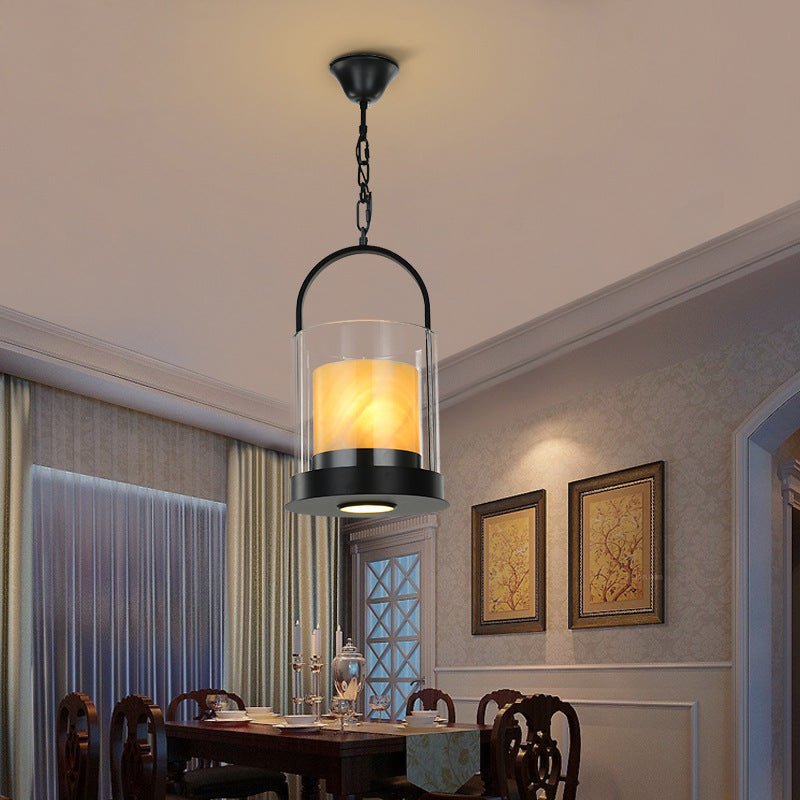 Contemporary Cylindrical Suspension Light 2 Heads Clear Glass Ceiling Lamp with Inner Marble Shade for Dining Room Clear Clearhalo 'Ceiling Lights' 'Close To Ceiling Lights' 'Glass shade' 'Glass' 'Pendant Lights' 'Pendants' Lighting' 333222