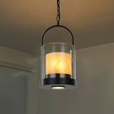 Contemporary Cylindrical Suspension Light 2 Heads Clear Glass Ceiling Lamp with Inner Marble Shade for Dining Room Clearhalo 'Ceiling Lights' 'Close To Ceiling Lights' 'Glass shade' 'Glass' 'Pendant Lights' 'Pendants' Lighting' 333223