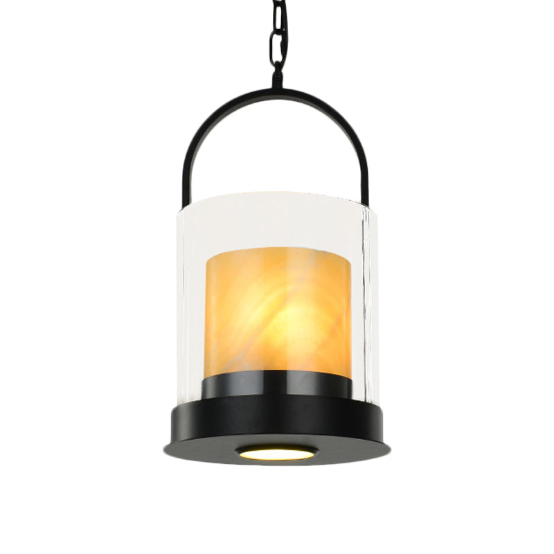 Contemporary Cylindrical Suspension Light 2 Heads Clear Glass Ceiling Lamp with Inner Marble Shade for Dining Room Clearhalo 'Ceiling Lights' 'Close To Ceiling Lights' 'Glass shade' 'Glass' 'Pendant Lights' 'Pendants' Lighting' 333225