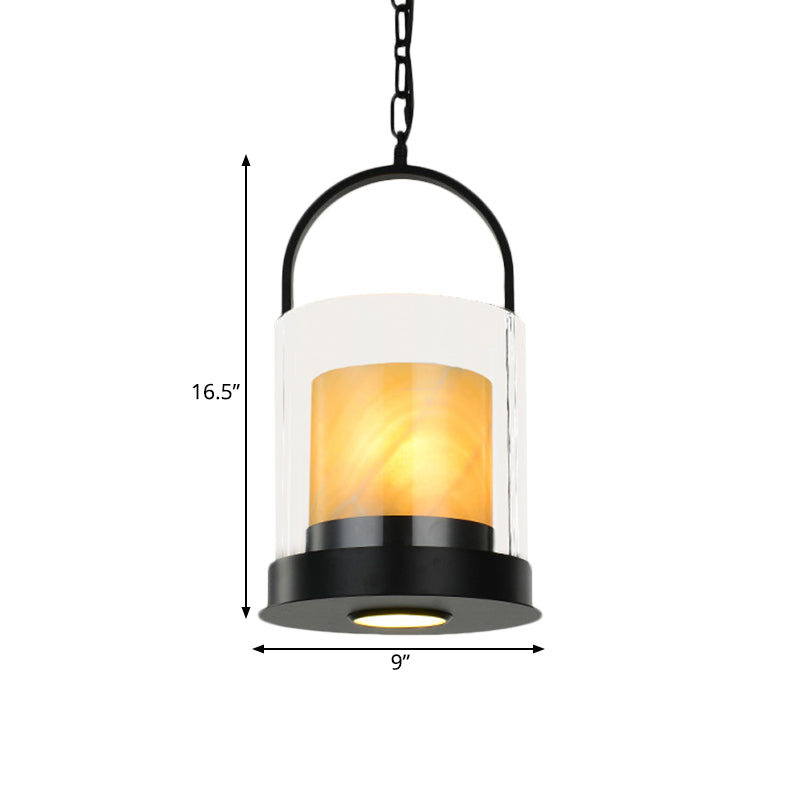 Contemporary Cylindrical Suspension Light 2 Heads Clear Glass Ceiling Lamp with Inner Marble Shade for Dining Room Clearhalo 'Ceiling Lights' 'Close To Ceiling Lights' 'Glass shade' 'Glass' 'Pendant Lights' 'Pendants' Lighting' 333226