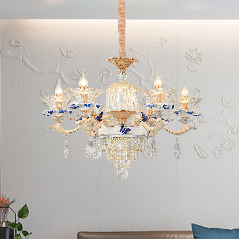 6 Heads Dining Room Chandelier Lamp Tradition Gold Hanging Light Fixture with Flared Clear Glass Shade Gold Clearhalo 'Ceiling Lights' 'Chandeliers' Lighting' options 333237_cae014df-331f-41db-ac52-ae8c8384c502