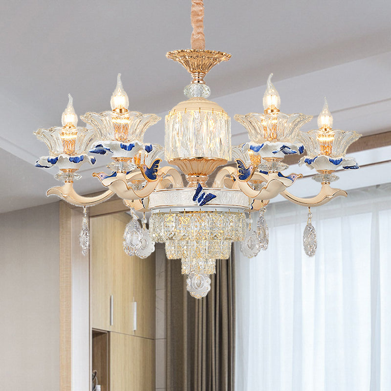 6 Heads Dining Room Chandelier Lamp Tradition Gold Hanging Light Fixture with Flared Clear Glass Shade Clearhalo 'Ceiling Lights' 'Chandeliers' Lighting' options 333238