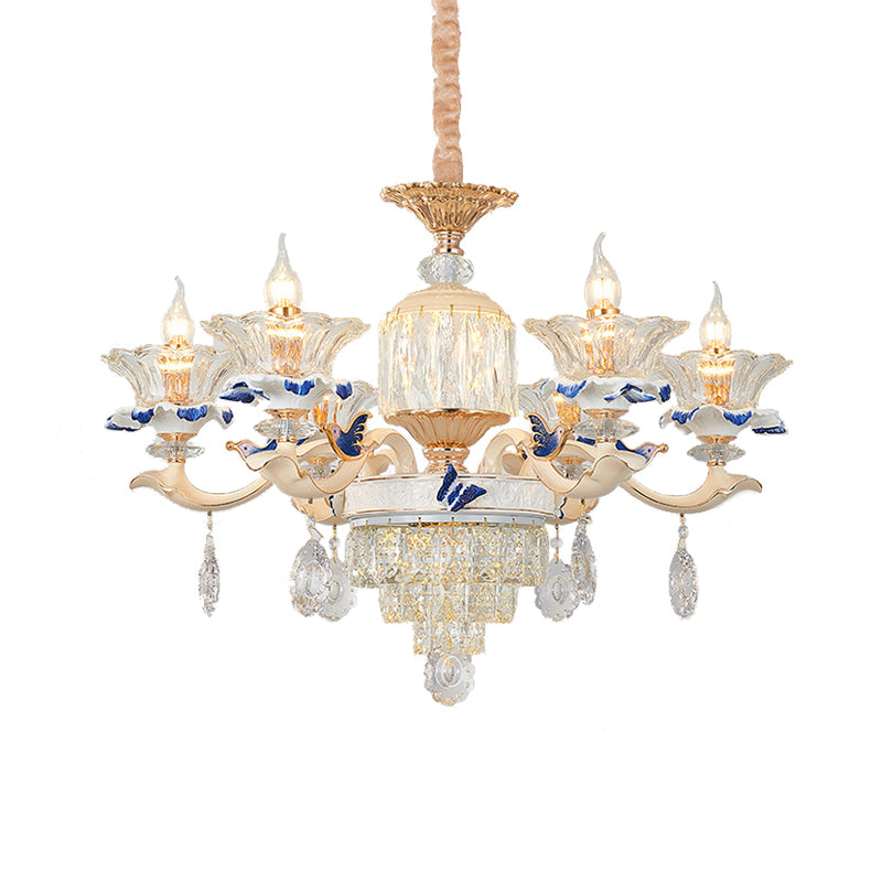 6 Heads Dining Room Chandelier Lamp Tradition Gold Hanging Light Fixture with Flared Clear Glass Shade Clearhalo 'Ceiling Lights' 'Chandeliers' Lighting' options 333240