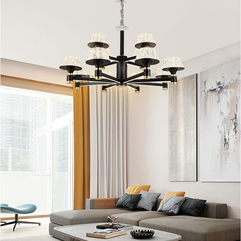 Cone Ceiling Chandelier Modernist Crystal 6/8/12 Bulbs 27.5"/33.5"/37.5" Wide Black Hanging Pendant Light Clearhalo 'Ceiling Lights' 'Chandeliers' 'Modern Chandeliers' 'Modern' Lighting' 333260