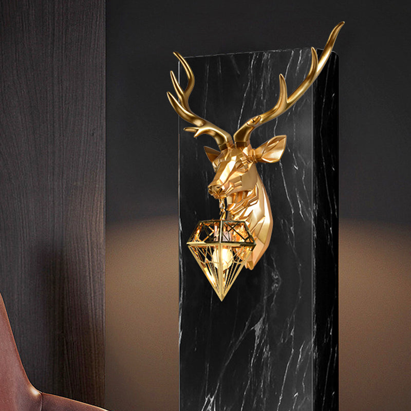 Lodge Stylish Deer Wall Mount Light Resin 1 Head Living Room Wall Light Fixture with Diamond Shade, 14.5"/19.5" W Gold Clearhalo 'Wall Lamps & Sconces' 'Wall Lights' Lighting' 333278