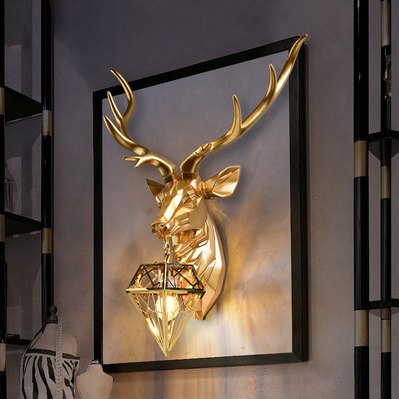 Lodge Stylish Deer Wall Mount Light Resin 1 Head Living Room Wall Light Fixture with Diamond Shade, 14.5"/19.5" W Clearhalo 'Wall Lamps & Sconces' 'Wall Lights' Lighting' 333279