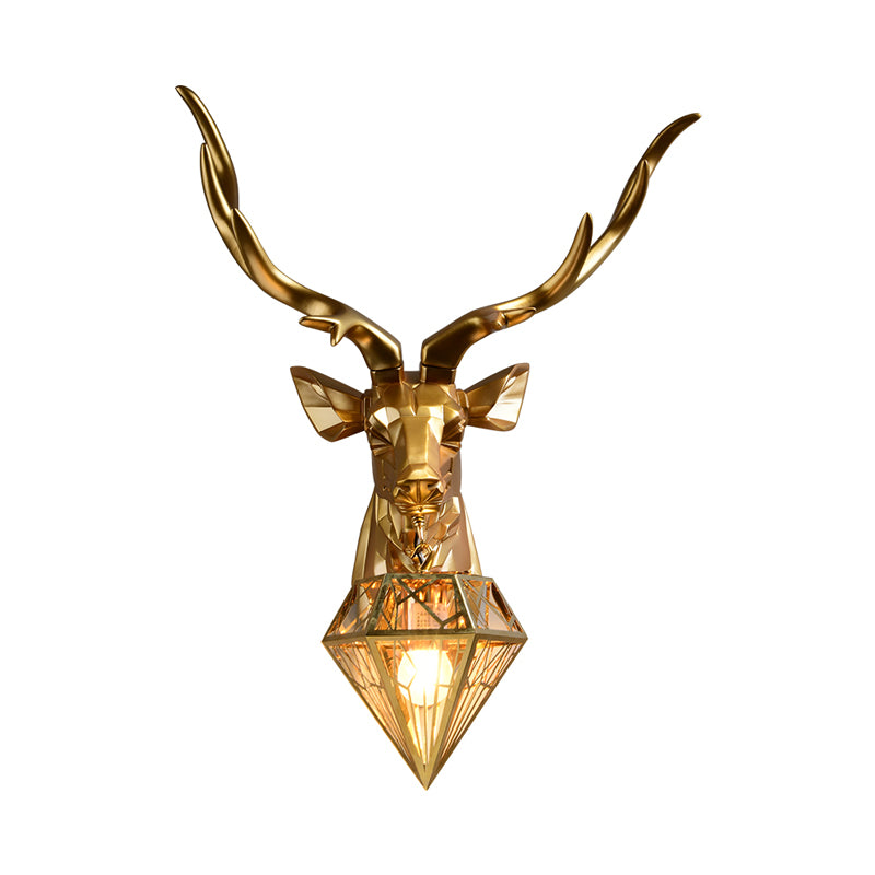 Lodge Stylish Deer Wall Mount Light Resin 1 Head Living Room Wall Light Fixture with Diamond Shade, 14.5"/19.5" W Clearhalo 'Wall Lamps & Sconces' 'Wall Lights' Lighting' 333281