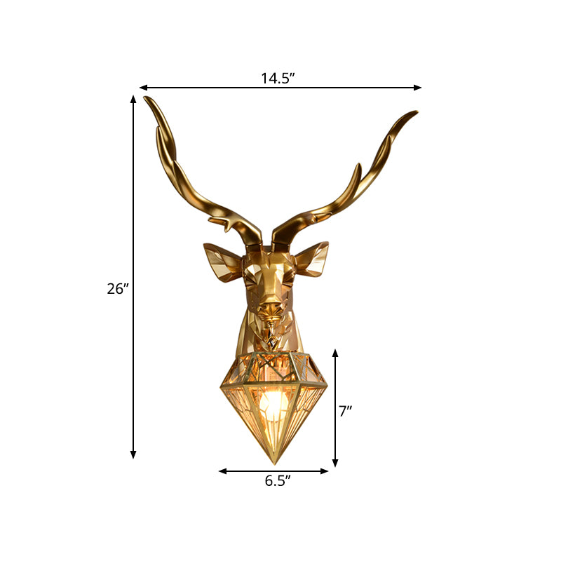 Lodge Stylish Deer Wall Mount Light Resin 1 Head Living Room Wall Light Fixture with Diamond Shade, 14.5"/19.5" W Clearhalo 'Wall Lamps & Sconces' 'Wall Lights' Lighting' 333282