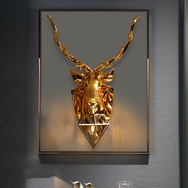 Diamond Cage Foyer Wall Light Sconce Resin 1 Bulb Country Style Wall Lamp with Elk Backplate in Gold, 16"/26" Wide Gold Clearhalo 'Wall Lamps & Sconces' 'Wall Lights' Lighting' 333350