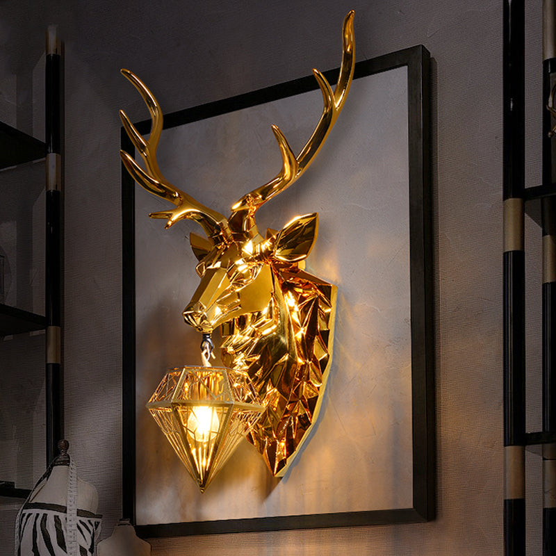 Diamond Cage Foyer Wall Light Sconce Resin 1 Bulb Country Style Wall Lamp with Elk Backplate in Gold, 16"/26" Wide Clearhalo 'Wall Lamps & Sconces' 'Wall Lights' Lighting' 333351